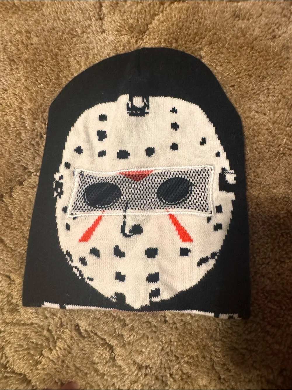 Black & White “Friday the 13th”Hockey Mask Beanie with Red Accents